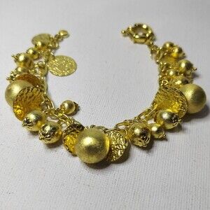 VTG Boho Goldtone Charm Bracelet balls discs Signed RL Brazil 7"